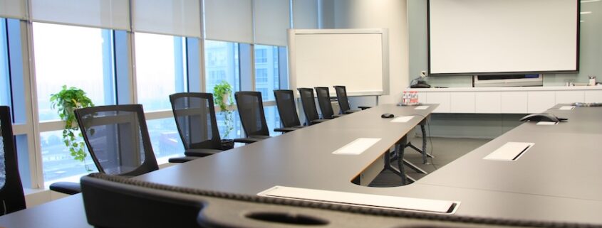 A meeting space with a collaborative AV system.