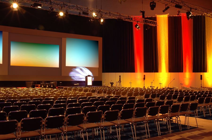 An auditorium with commercial audio, video, and lighting.