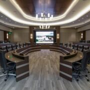 A large conference room featuring an elaborate AV system with multiple screens.