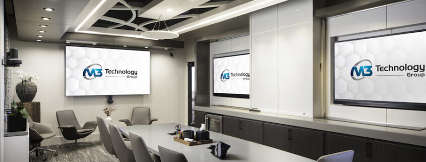 A rectangular conference room table in the middle of the room, with three large large displays on the adjacent walls.