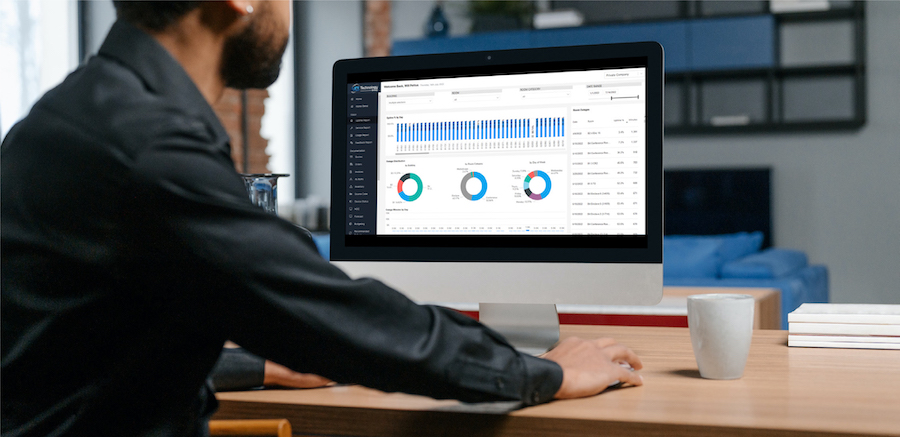  Dashboard view of the M3 Vision portal showing real-time monitoring of AV systems across multiple conference rooms.