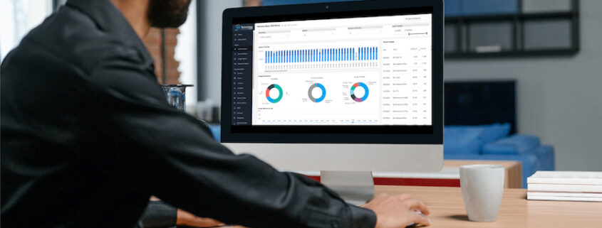 Dashboard view of the M3 Vision portal showing real-time monitoring of AV systems across multiple conference rooms.